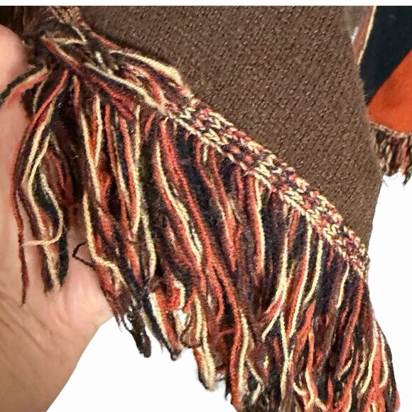 VTG BOHO AZTEC 60s 70s PONCHO HOODED FRINGED WESTERN FESTIVAL CUDDLE KNIT OS - Picture 4 of 6